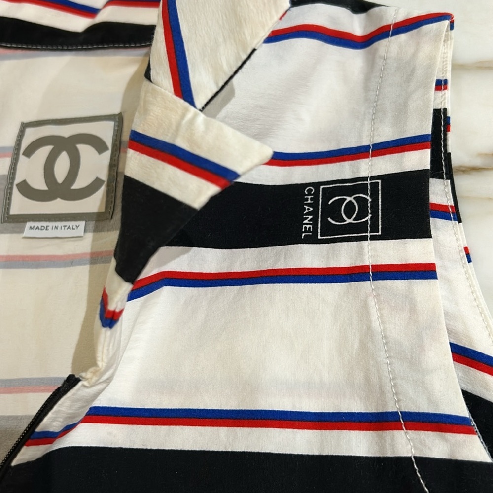 CHANEL White Striped Cotton Sleeveless Zip-Up Logo Shirt Dress